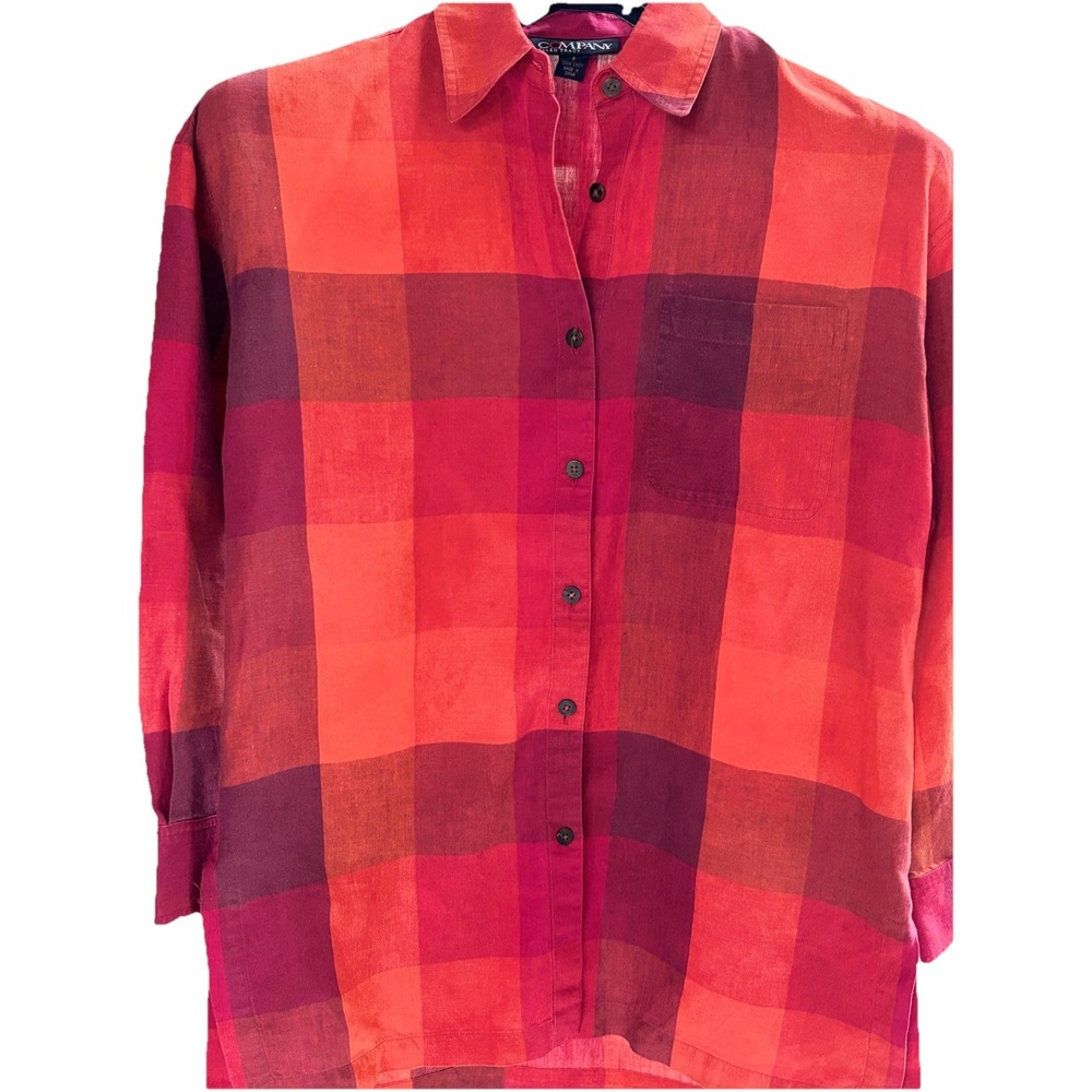 Company Ellen‎ Tracy 8 P 100% Linen Button Up  Plaid Harvest Fall Long Sleeve